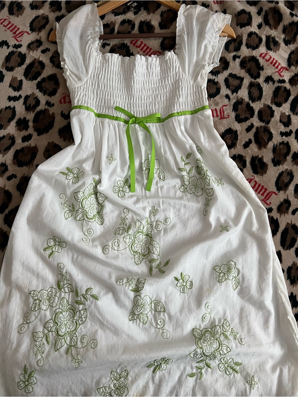 No Boundaries White Dress with Green Embroidery and Ribbon